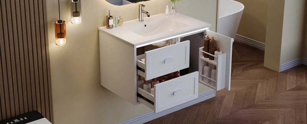 Mobile bagno sospeso bianco 76x46x51 cm con lavabo in ceramica integrato e illuminazione LED a sensore radar