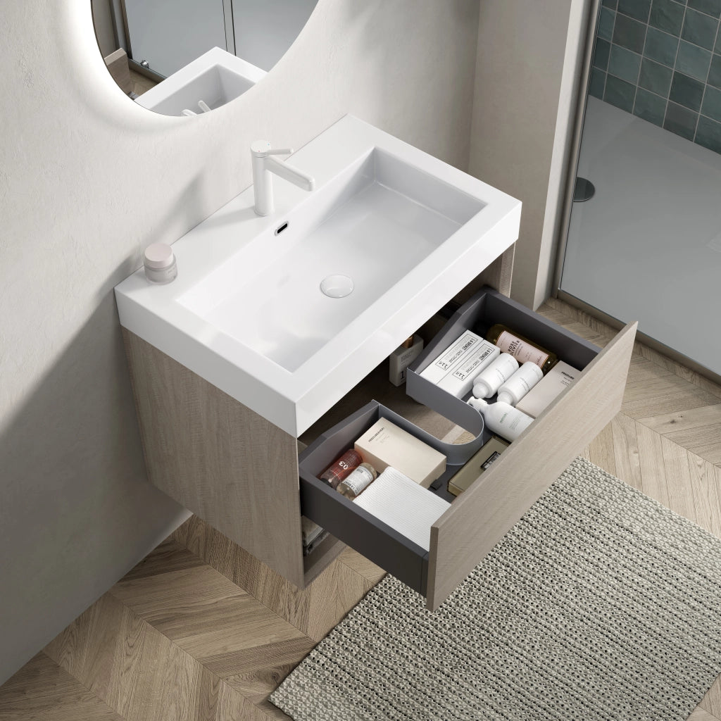 Mobile bagno con lavabo integrato in resina cassetto e ripiano aperto rovere chiaro bianco premontato