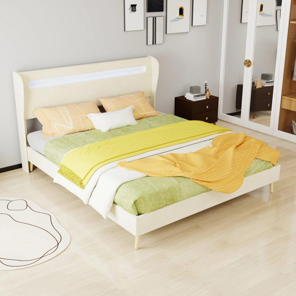 Letto Moderno Imbottito 160x200 cm con Testiera LED Integrata, Beige, Struttura Bassa Senza Contenitore, Materasso Incluso
