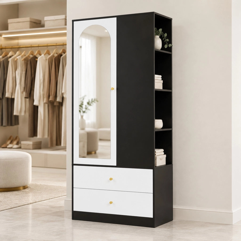 Armadio guardaroba 80x40x180 cm con specchio; 2 cassetti e 4 ripiani; bianco e nero