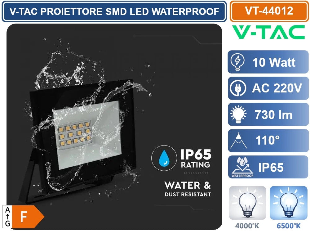 V-TAC VT-44012-B PROIETTORE FARO SMD LED ULTRASLIM 10W COLORE NERO DA ESTERNO IP65 - Colore Luce:Bianco Naturale