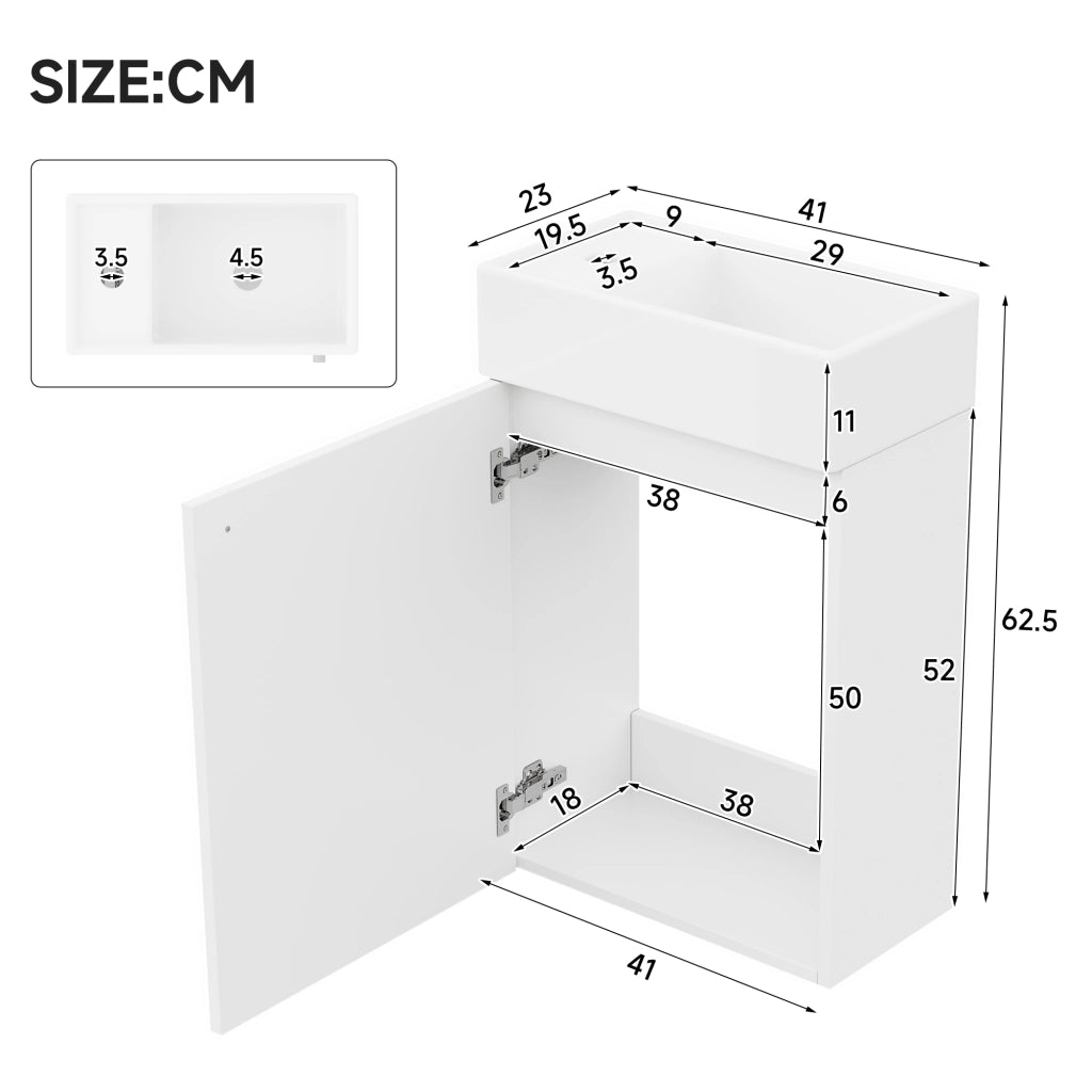 Mobile lavabo sospeso 41 × 23 × 62,5 cm in ceramica e MDF bianco con anta soft close salvaspazio per bagno