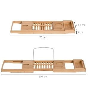 Mensola vasca da bagno regolabile in bambù 70-105x21,8x5 cm con struttura in acciaio inossidabile