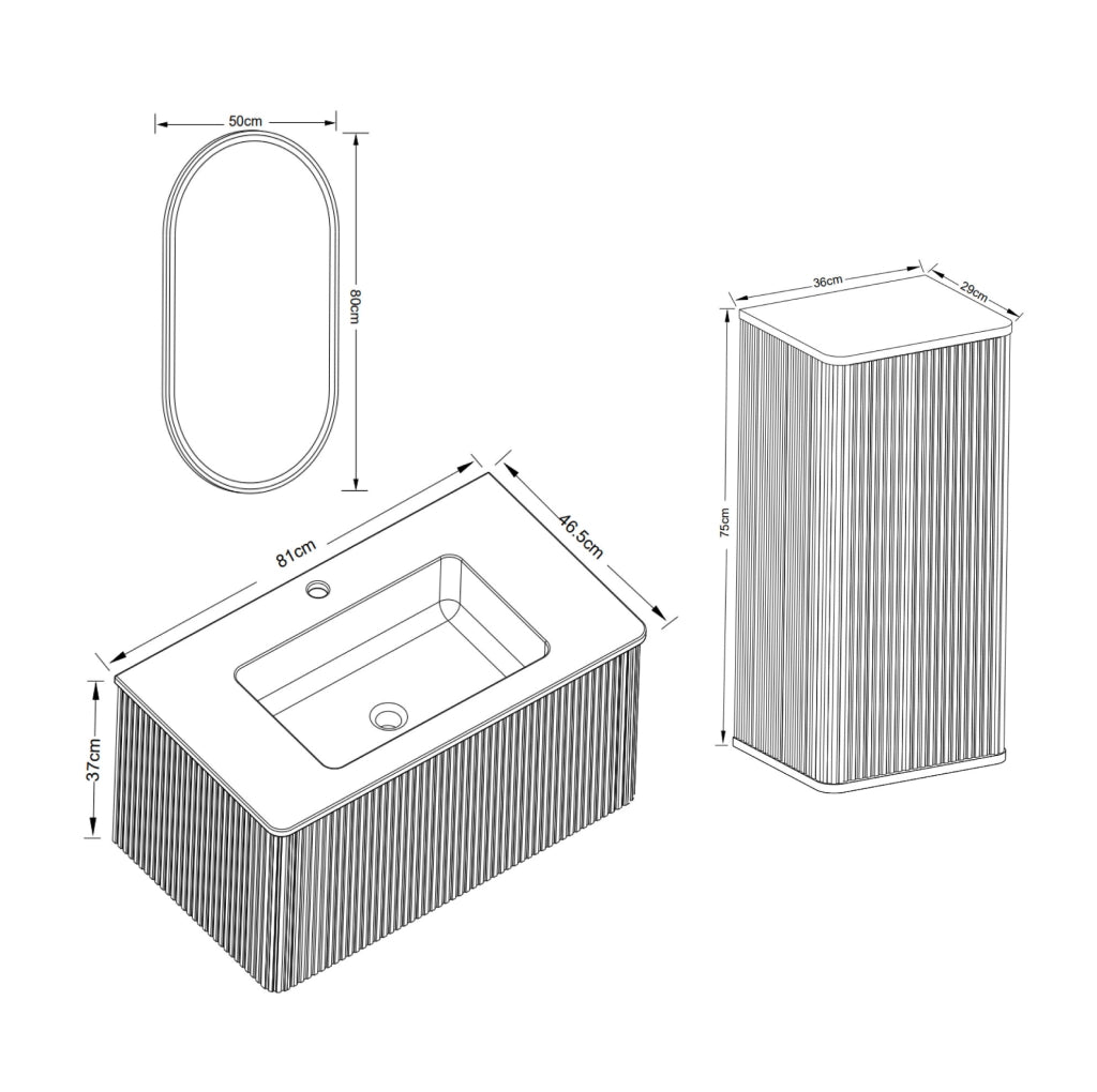 Mobile lavabo 80 cm con specchio LED e colonna, rovere bianco, stile moderno