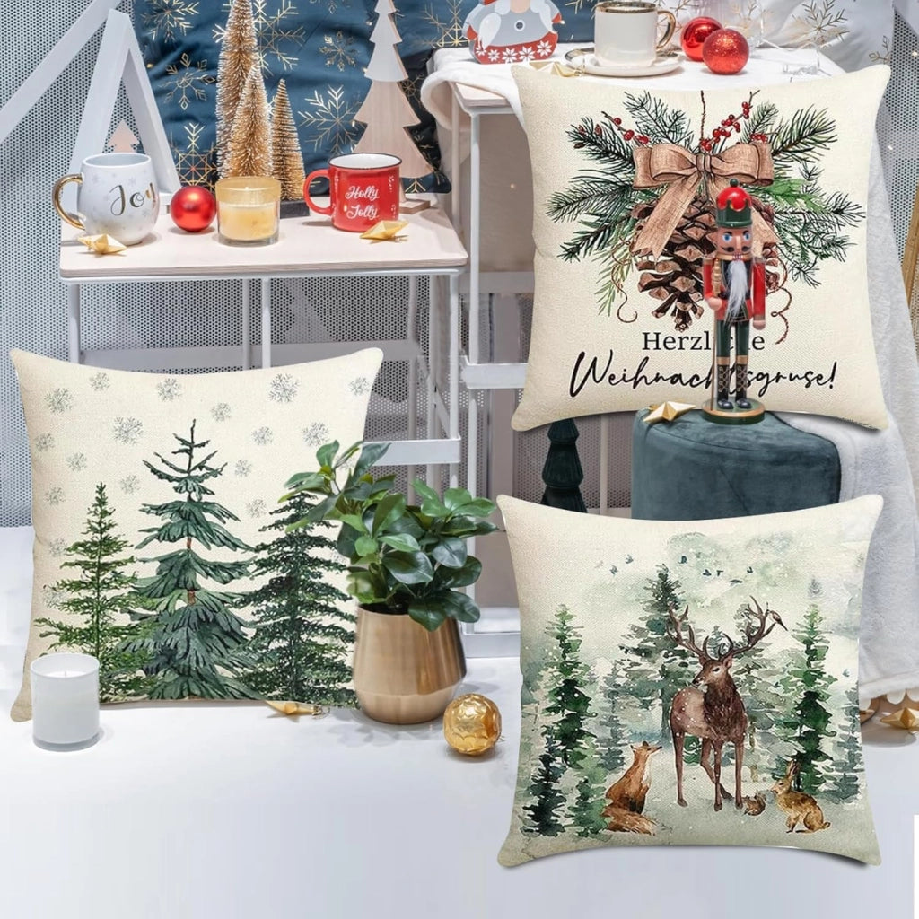 Set di 4 federe natalizie, 45x45 cm, in lino