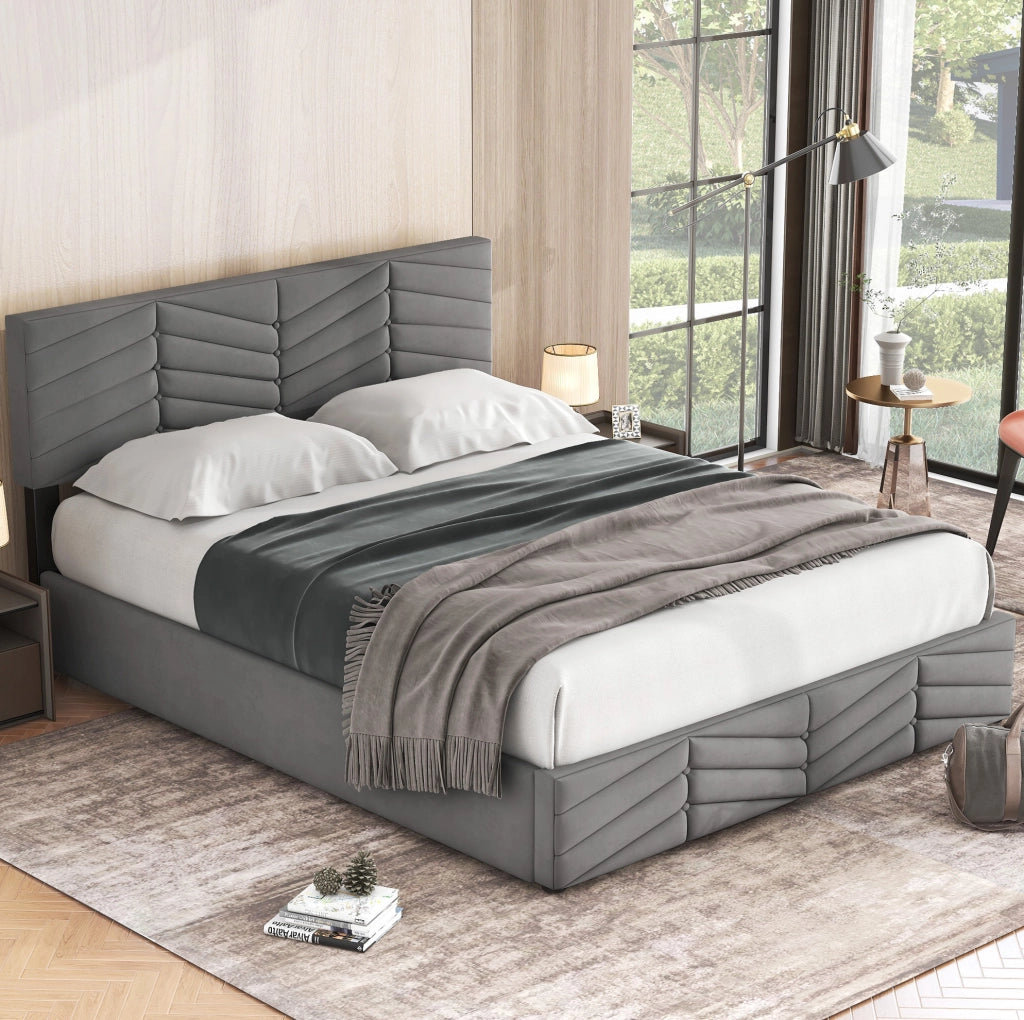 Letto matrimoniale imbottito 140x200 cm in velluto grigio con testiera regolabile e contenitore idraulico
