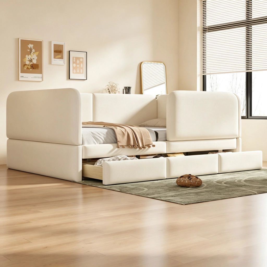 Letto per bambini imbottito 140 × 200 cm in velluto beige con bordi arrotondati e tre cassetti