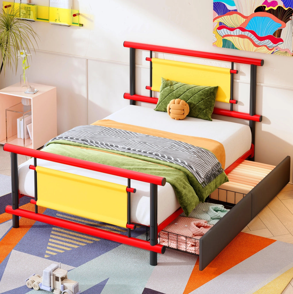 Letto singolo per bambini 90x200 cm con cassetti integrati in metallo rosso