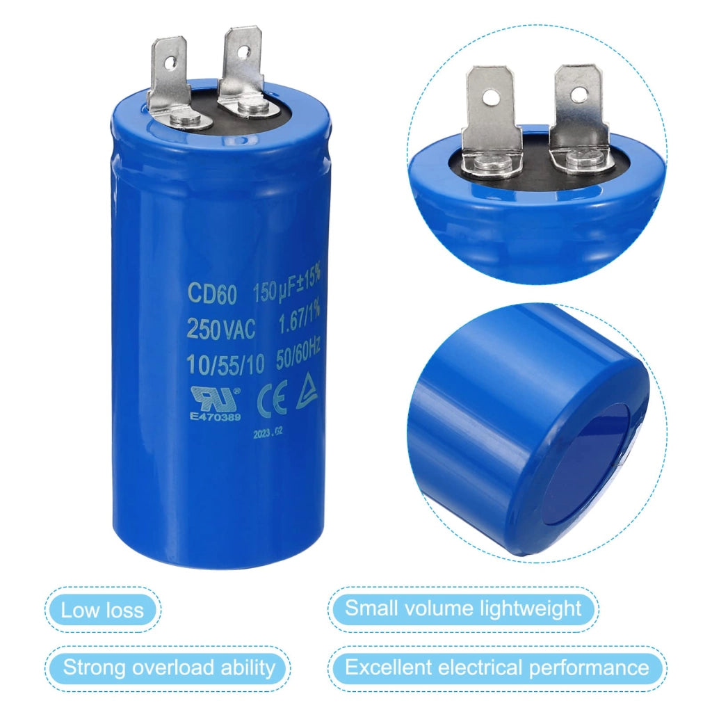 Condensatore di avviamento per motori, CD60, 150 µF, 250 VAC, confezione da 2 pezzi