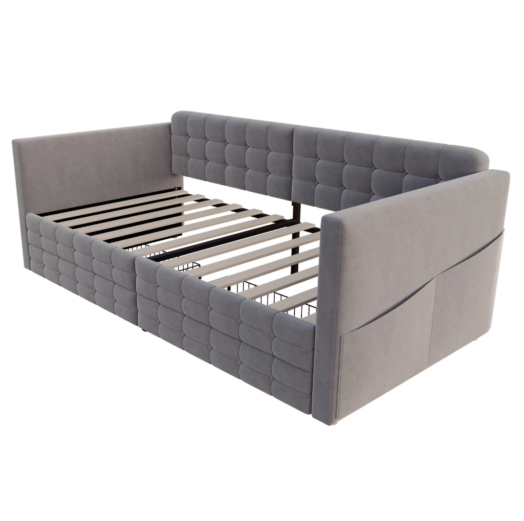 Letto Singolo 90x190 cm in Velluto Grigio con Contenitori Laterali e Due Cassetti Sotto il Letto