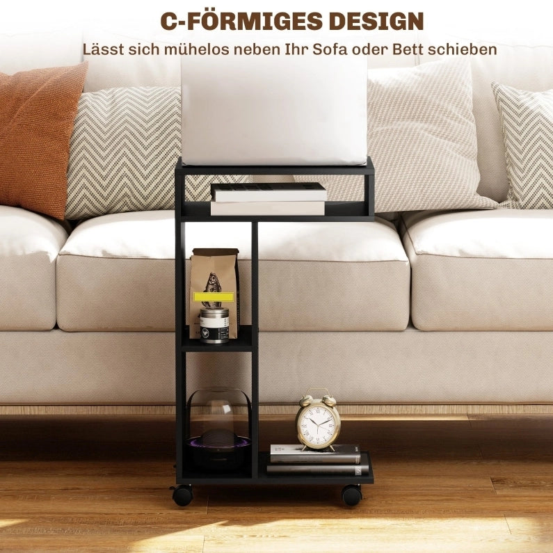 Carrello da servire a forma di C con 4 ruote e 3 ripiani, 40x30x69 cm, nero