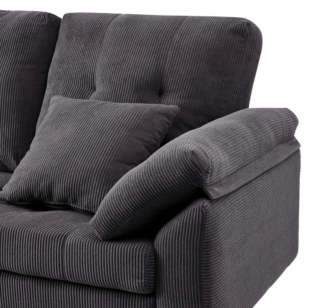 Divano 4 posti in velluto a coste grigio scuro con pouf mobile, 250 cm
