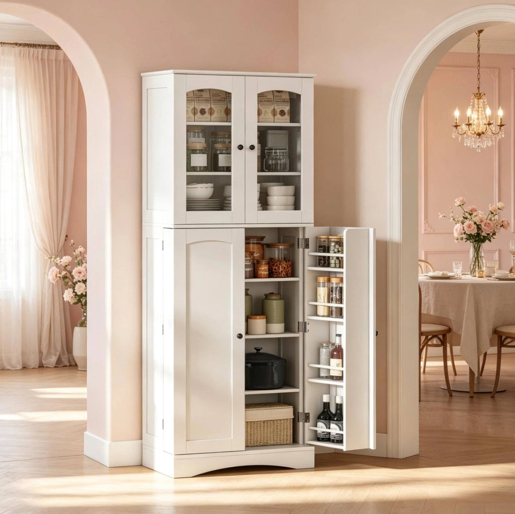 Mobile da cucina bianco con vetrine e ripiani regolabili, 60 × 40 × 162 cm