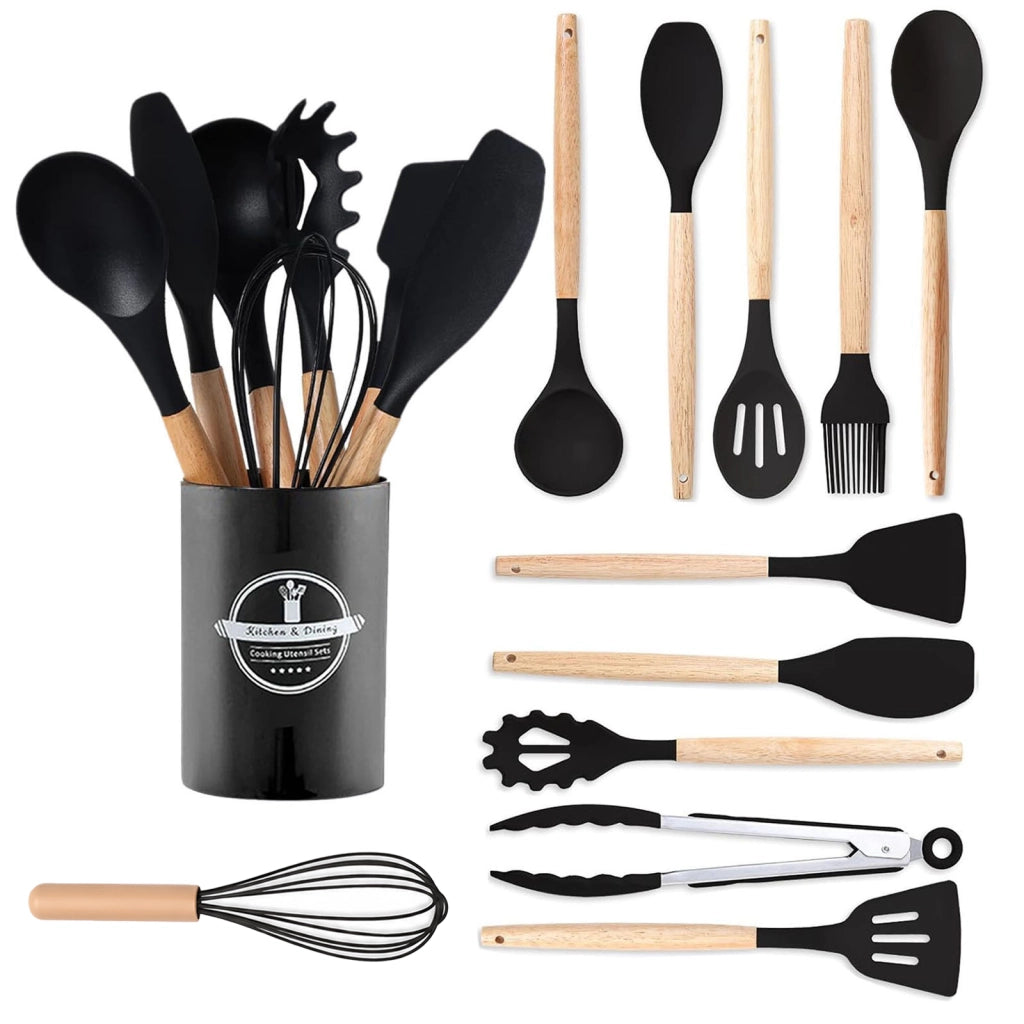 Set di 12 utensili da cucina in silicone nero con supporto