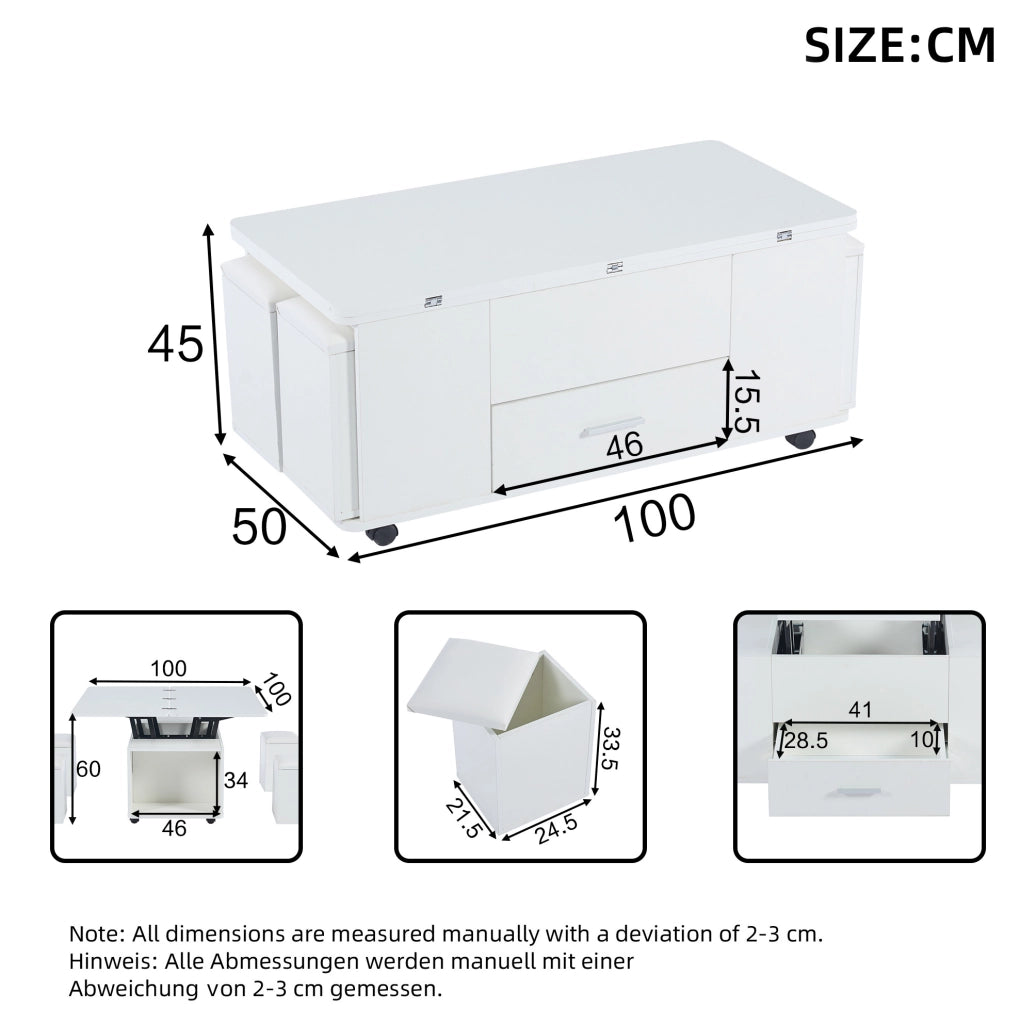 Tavolino elevabile 100 x 50 x 45 cm bianco con 4 sgabelli