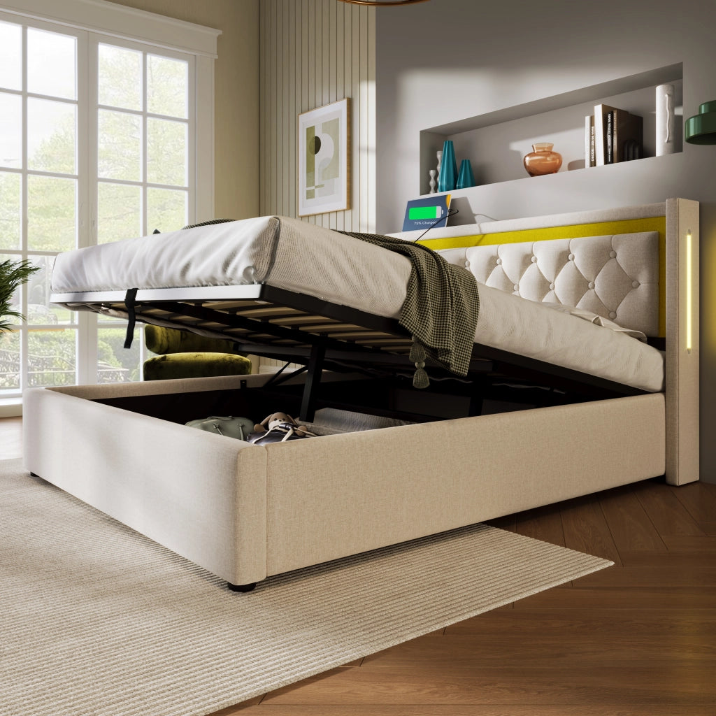 Letto matrimoniale contenitore 140 × 200 cm con materasso a molle led usb tipo c cotone beige rete a doghe