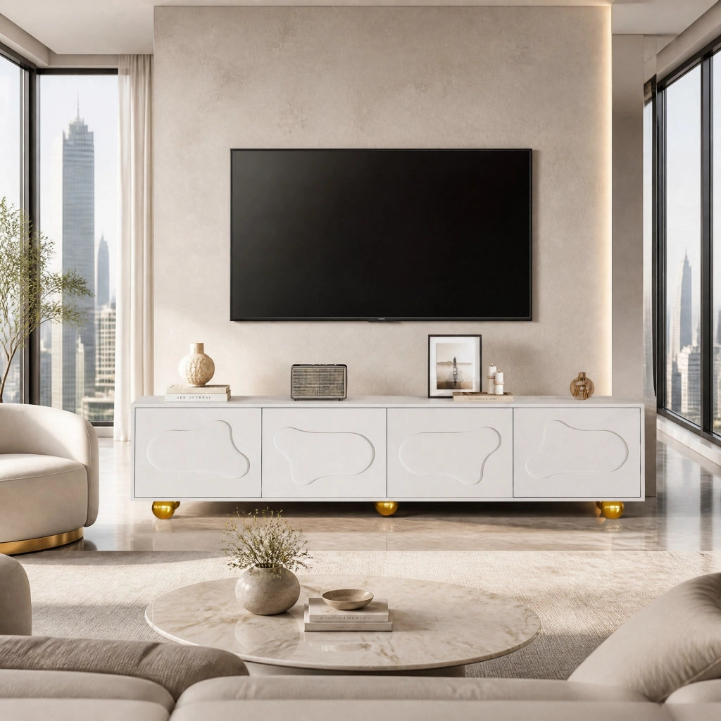 Mobile TV in legno laminato bianco caldo 180x40x45 cm con 2 armadietti e 5 piedi, porta TV a forma di nuvola per TV fino a 75 pollici