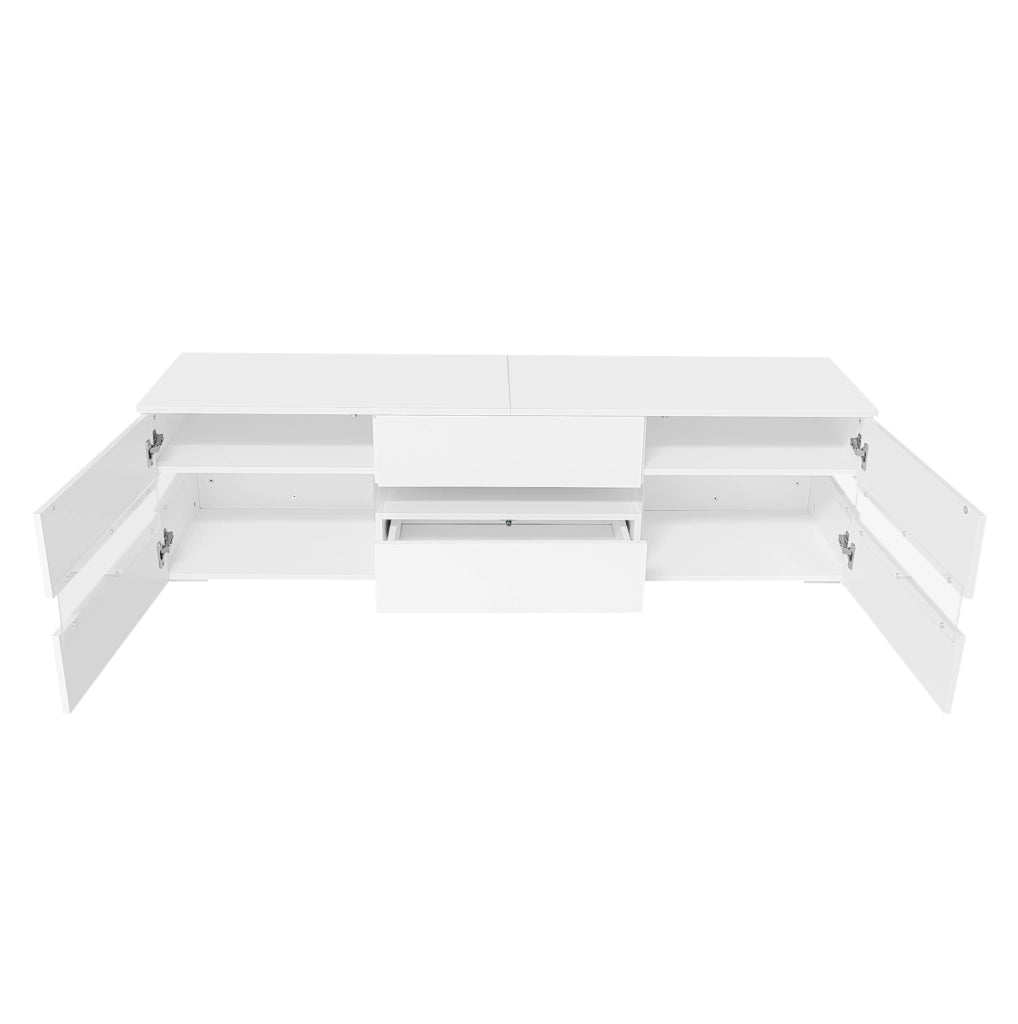 Mobile TV bianco lucido con illuminazione LED, 160x39x45 cm, 2 porte con inserto in acrilico, 1 cassetto e vano aperto, per TV fino a 70 pollici