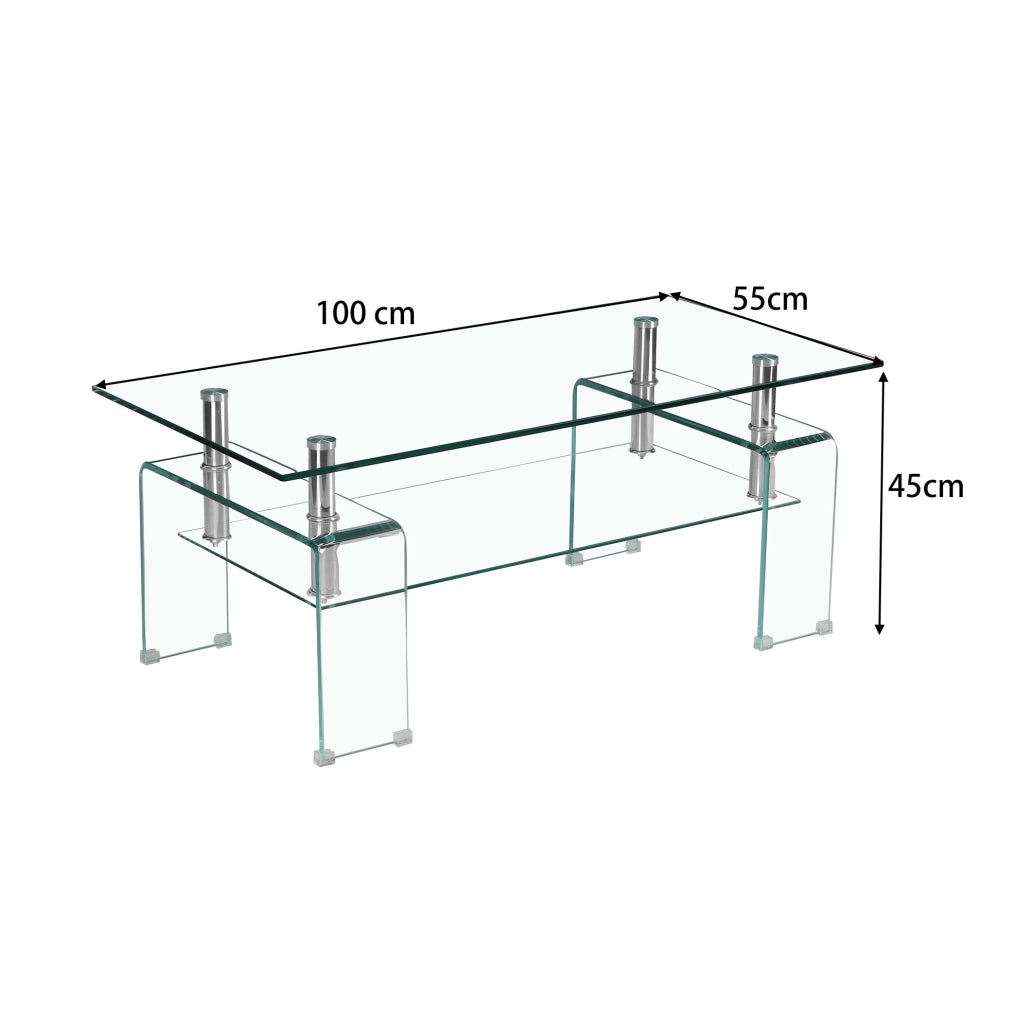 Tavolino da caffè in vetro temperato 100x55x45 cm trasparente a 2 ripiani