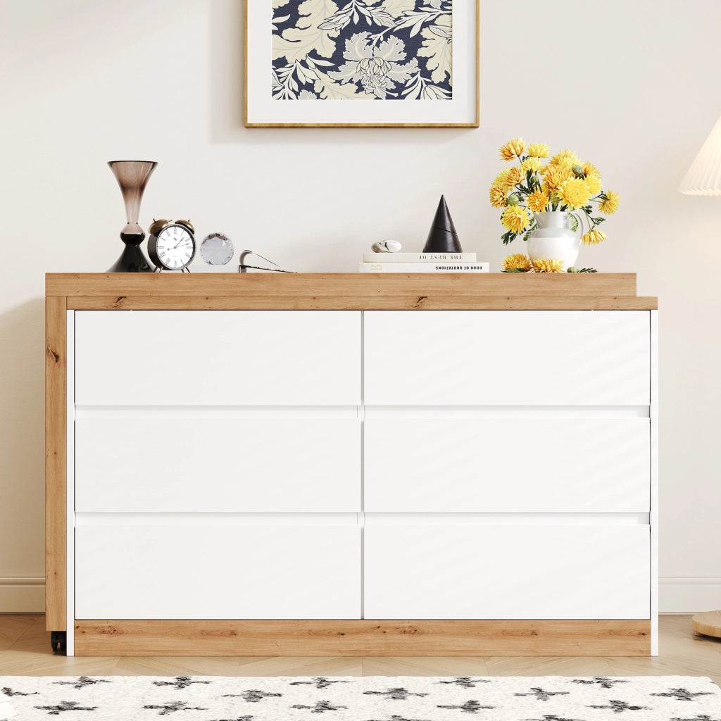 Scrivania girevole 120x50 cm con 6 cassetti e ruote bloccabili in truciolare rovere e bianco