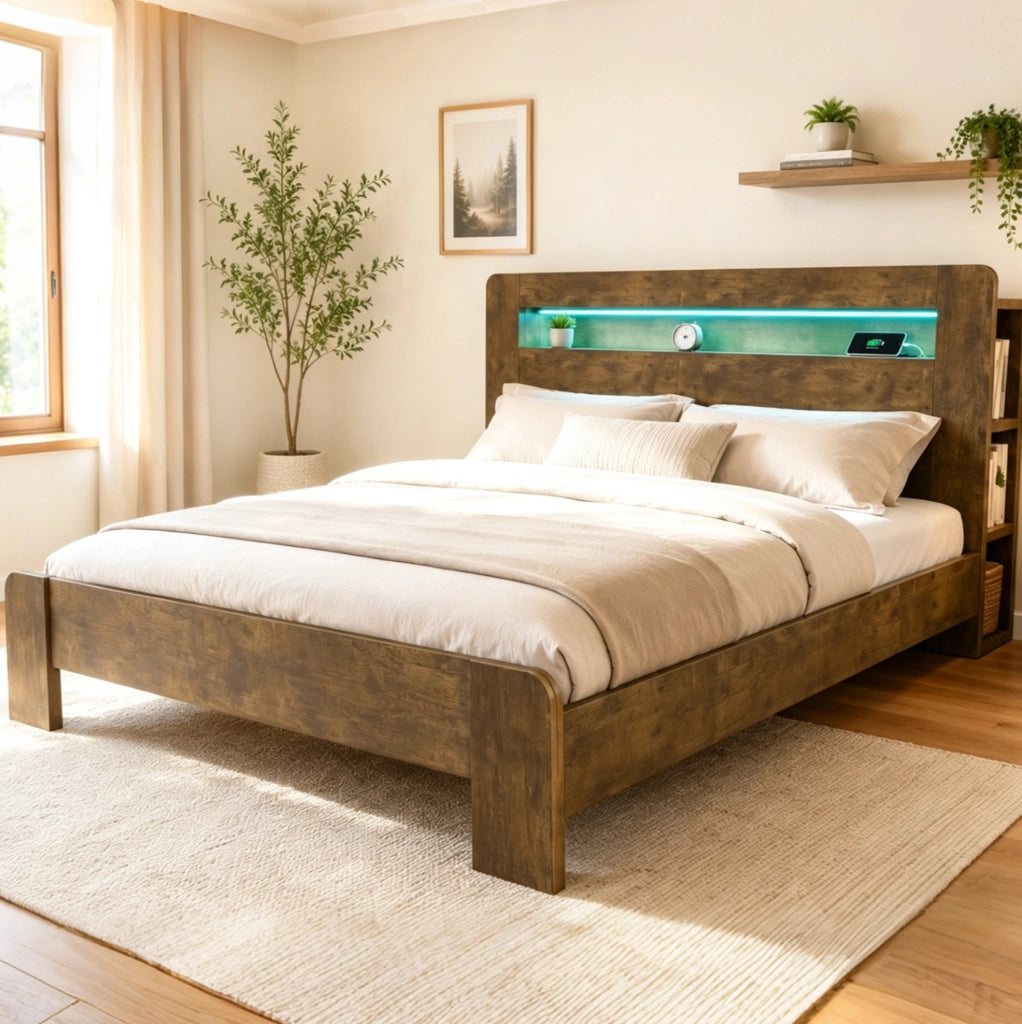Letto matrimoniale multifunzione 180x200 cm in legno, con testiera contenitore, LED e prese