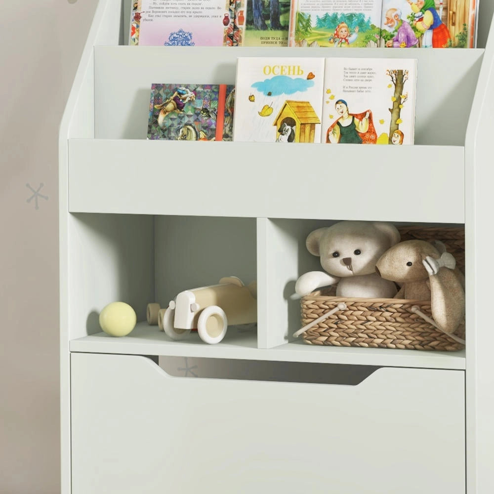 Libreria Scaffale Multiuso per Bambini in Legno Verde Chiaro con 3 Ripiani 2 Vani e Grande Cassetto Salvaspazio per Cameretta