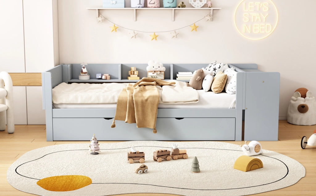 Letto singolo 90x200 cm in pino e MDF con letto estraibile, scrivania integrata e tre scaffali laterali grigio