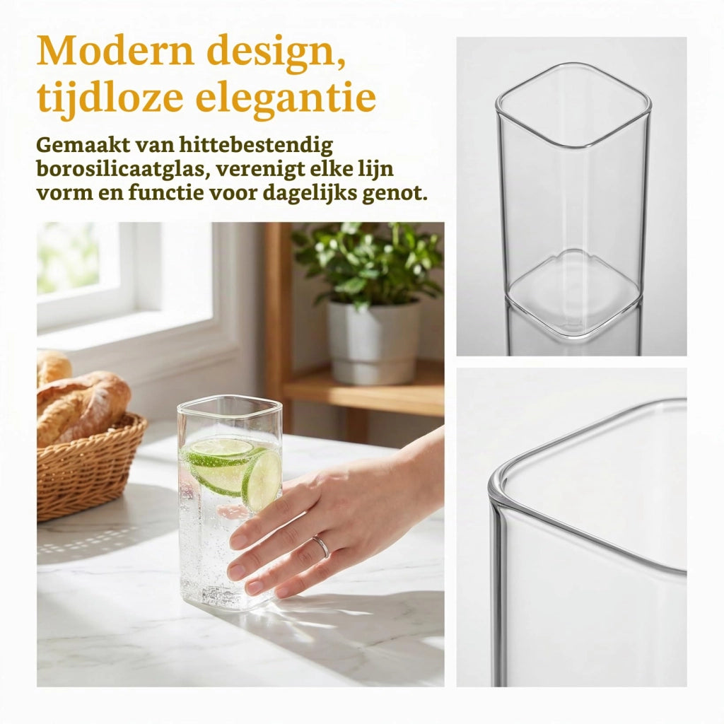 Set di 2 bicchieri quadrati, capacità 400 ml, in vetro borosilicato, trasparenti
