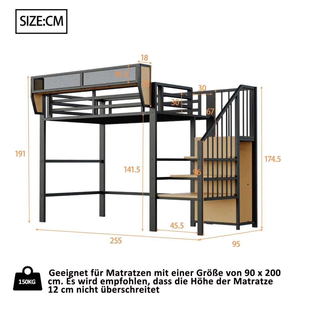 Letto a soppalco in metallo 90x200 cm con scala di sicurezza e ripiano modulabile, colore nero
