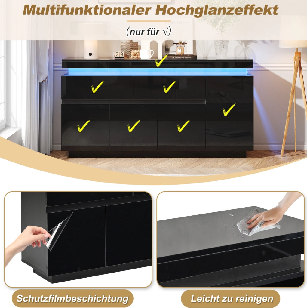 Credenza nera lucida 140 x 35 x 72,5 cm con illuminazione a LED