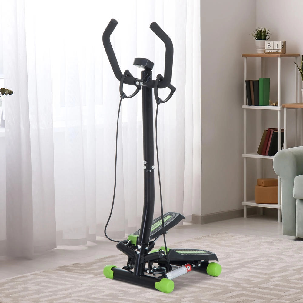Pedali antiscivolo, stepper fitness con manubrio, 2 elastici e display LCD, verde e nero, per casa, ufficio e palestra