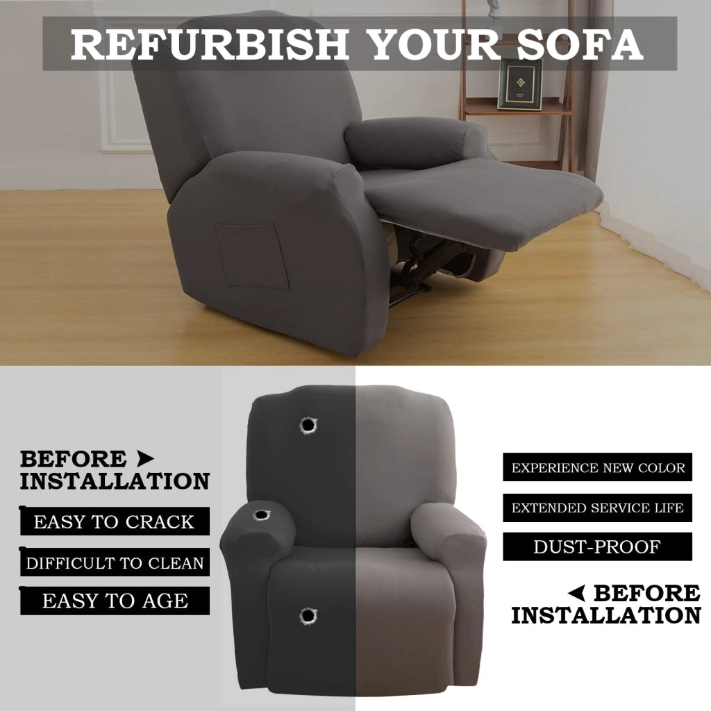 Copertura per poltrona relax, set di 4 pezzi, elasticizzata, lavabile, grigia