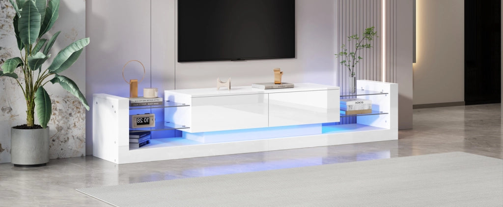 Mobile TV bianco lucido con LED, 181 cm, per TV fino a 80 pollici, con ante in vetro e due cassetti ribaltabili