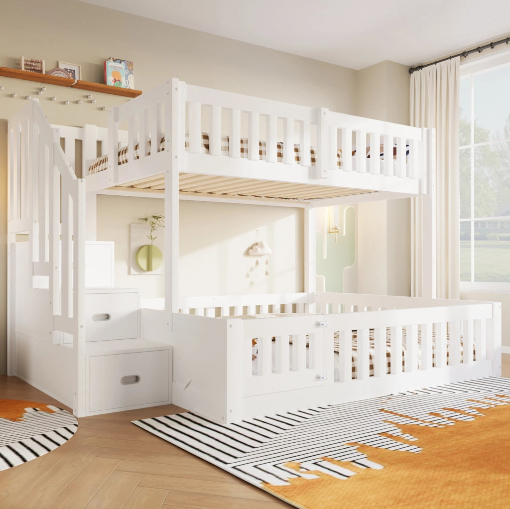 Letto a castello bianco 90x200 e 140x200 con scala e spazio contenitivo in pino massello