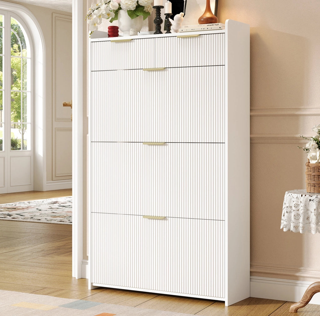 Scarpiera stretta bianca con 3 vani a ribalta e 2 cassetti, 80 x 25 x 135 cm