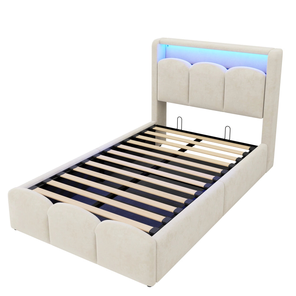 Letto singolo imbottito 90x200 beige con contenitore, LED e USB
