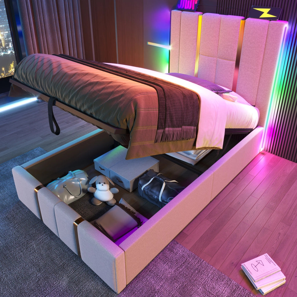 Letto matrimoniale 160 ¡Á 200 cm con comodini USB e Type-C; luci da lettura e panca contenitore rovere