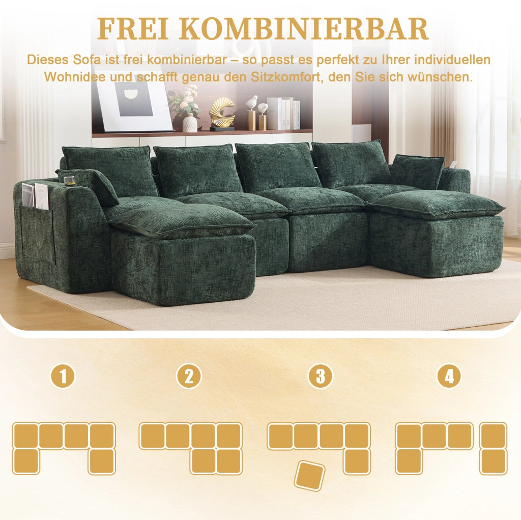 Divano modulare in ciniglia verde con pouf e tasche laterali