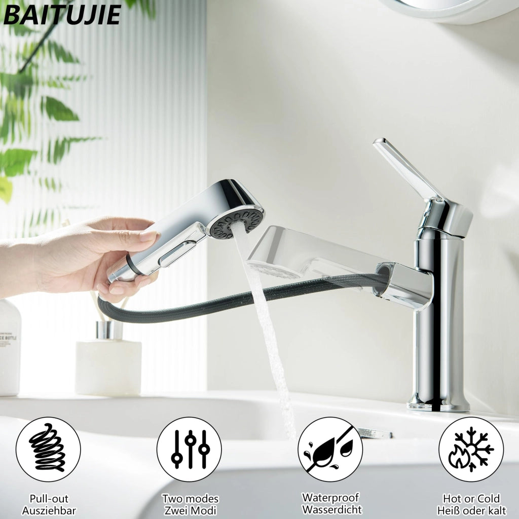 Miscelatore per lavabo con doccetta estraibile, 2 getti, finitura cromata