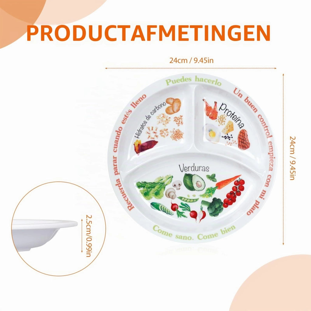 Piatto per il controllo delle porzioni per un'alimentazione equilibrata, cibi sani per adulti e adolescenti, scomparti in melamina, perdita di peso, piatto per diabetici (testo in spagnolo)