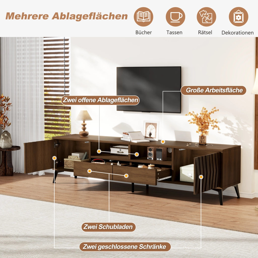 Mobile TV 180 × 35 × 45 cm con 2 ante 2 cassetti e vani aperti in truciolare color noce con gambe regolabili