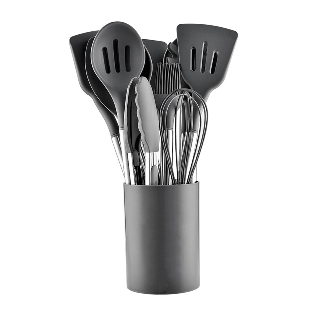 Set di 12 utensili da cucina in silicone grigio con contenitore
