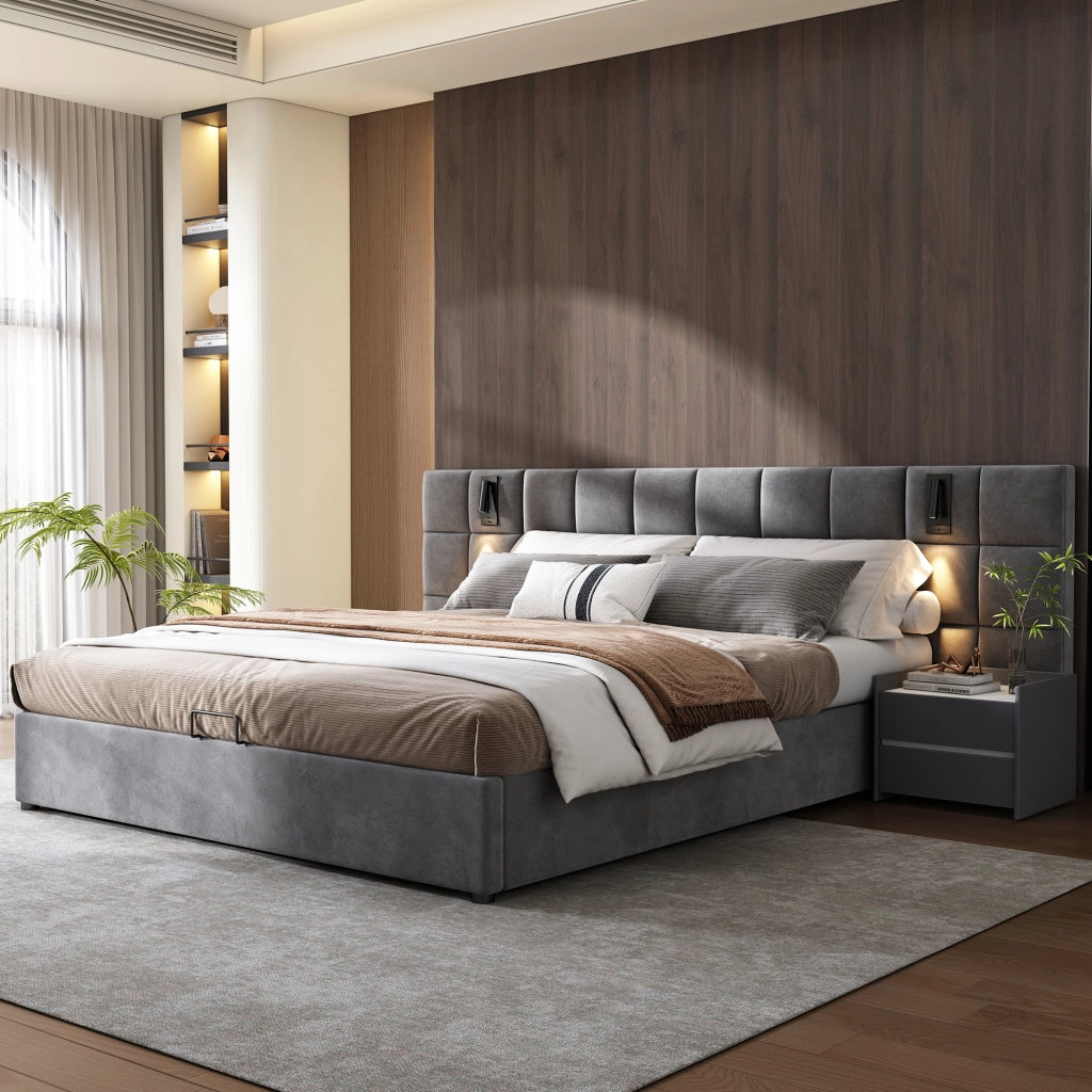 Letto matrimoniale imbottito 180 × 200 cm contenitore idraulico in acciaio grigio con luce da lettura e USB