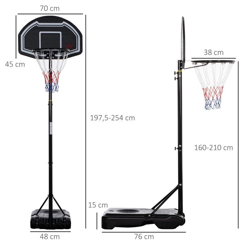 Canestro da basket da esterno regolabile 160-210 cm in acciaio nero con ruote