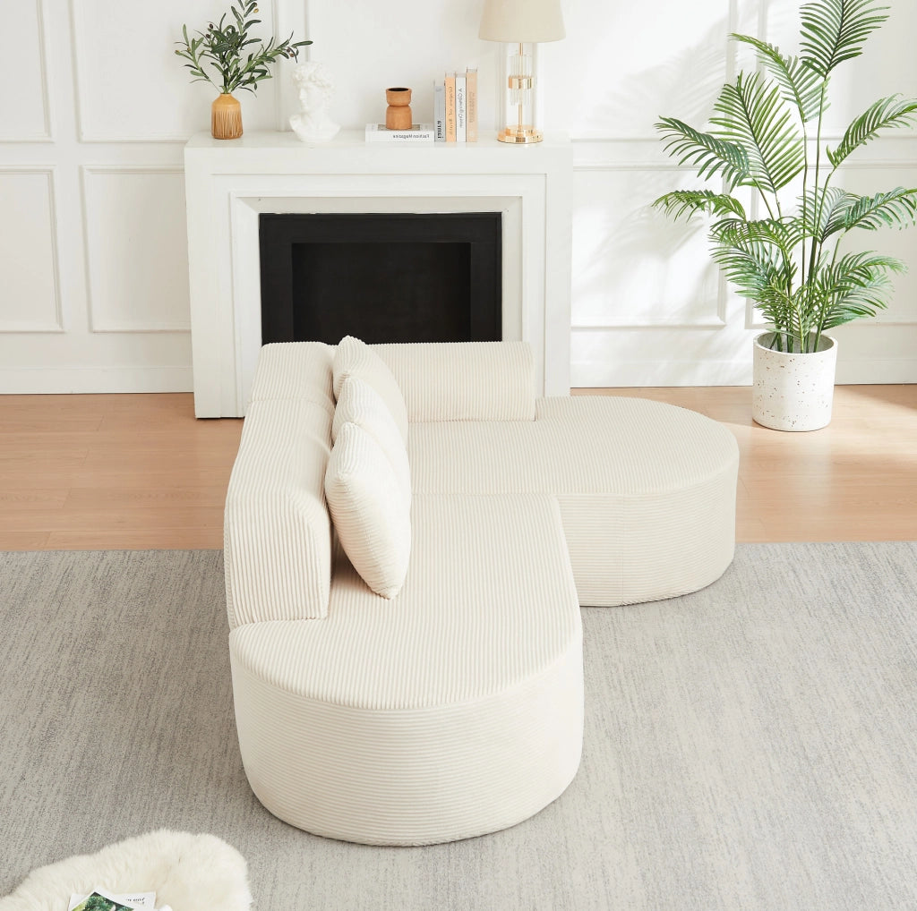 Divano modulare a L in velluto a coste beige con chaise longue