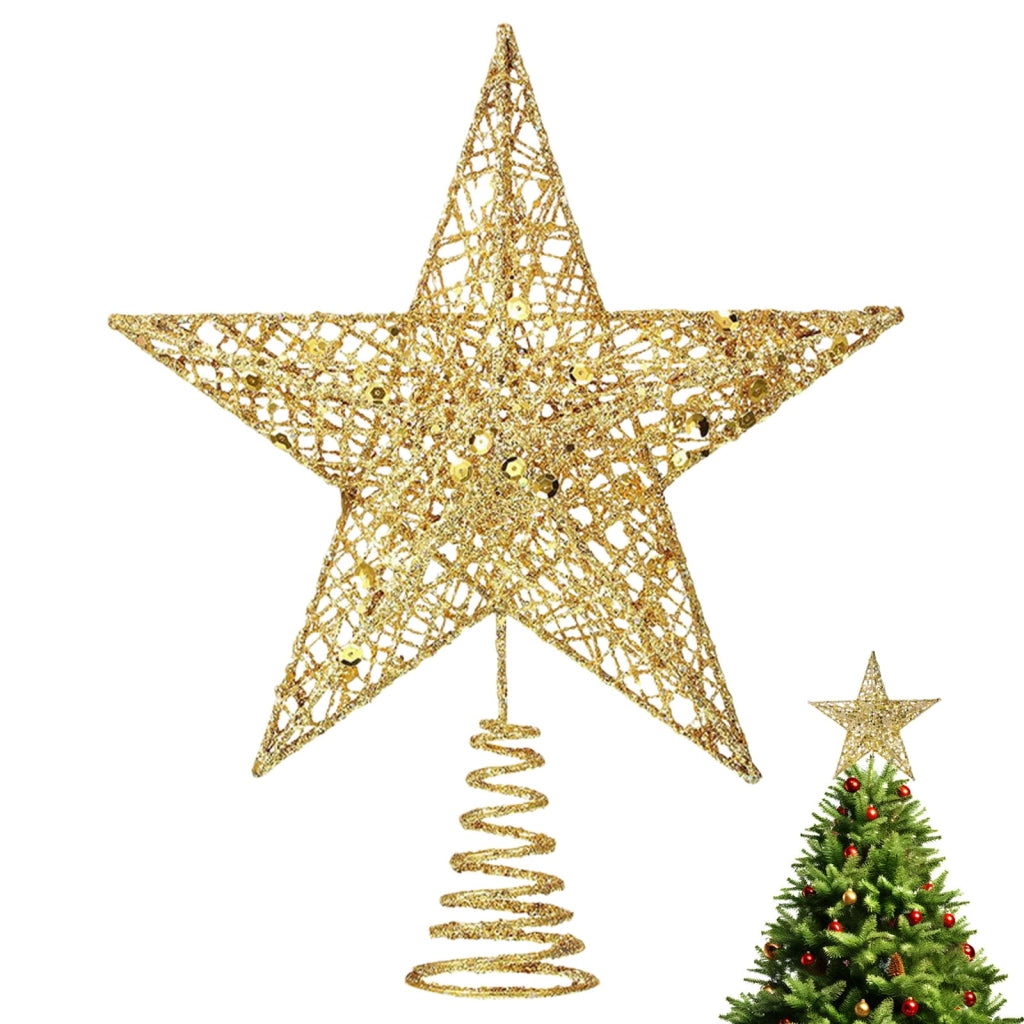 Punta per albero di Natale a forma di stella dorata, in metallo, 20 cm