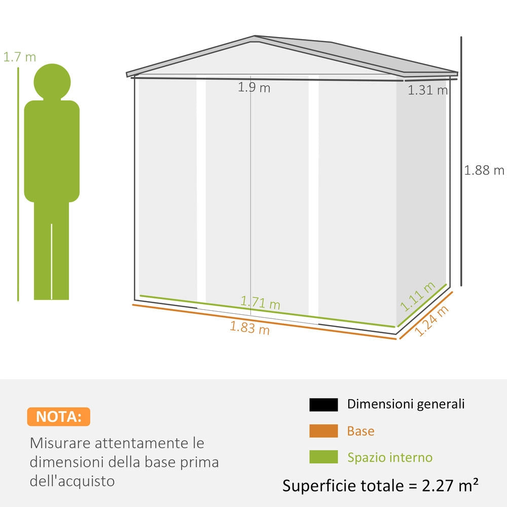 Casetta da Giardino Porta Attrezzi in Acciaio 1.9x1.3m Quercia con Prese d'Aria e Catenaccio Robusta per Esterno