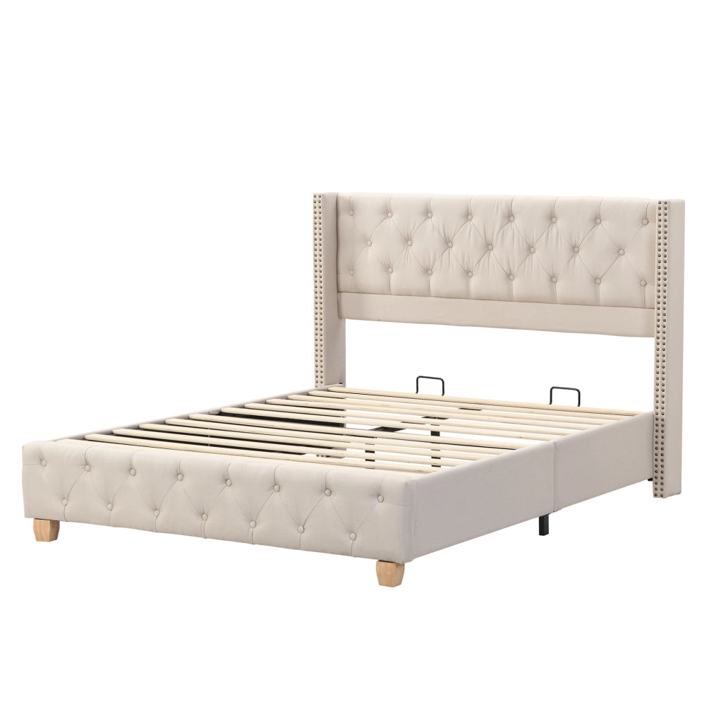 Letto imbottito 140x190 cm con rete a doghe e testiera capitonné in lino beige