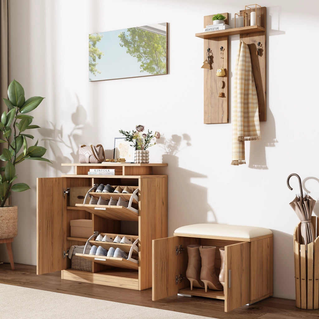 Mobile da ingresso 140 × 35 × 133 cm con scarpiera panca specchio e 4 ganci in pannello di particelle naturale