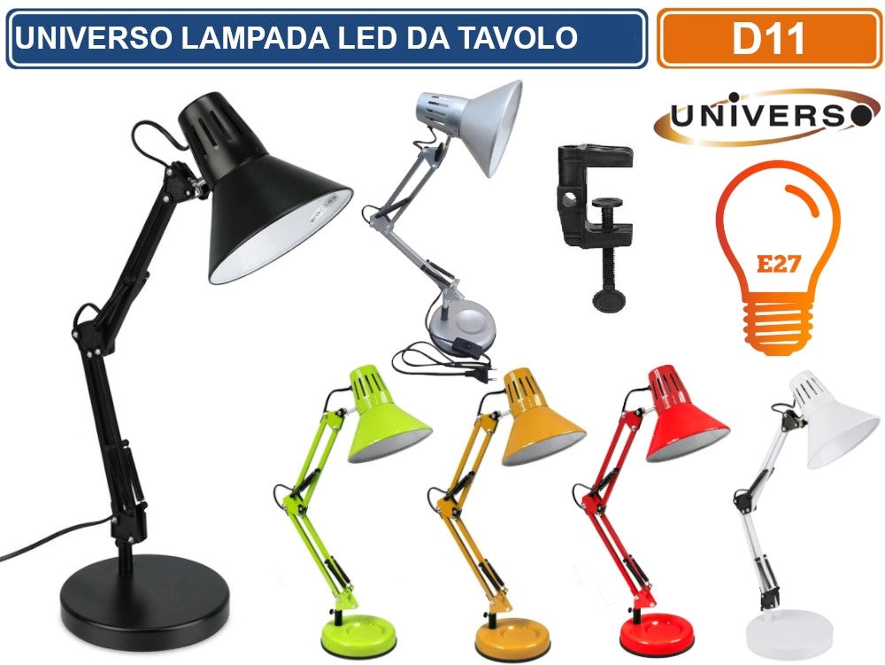 LAMPADA DA SCRIVANIA IN METALLO CON BRACCIO SNODABILE ED ORIENTABILE ATTACCO E27 COLORI ASSORTITI - Colore Struttura:Nero